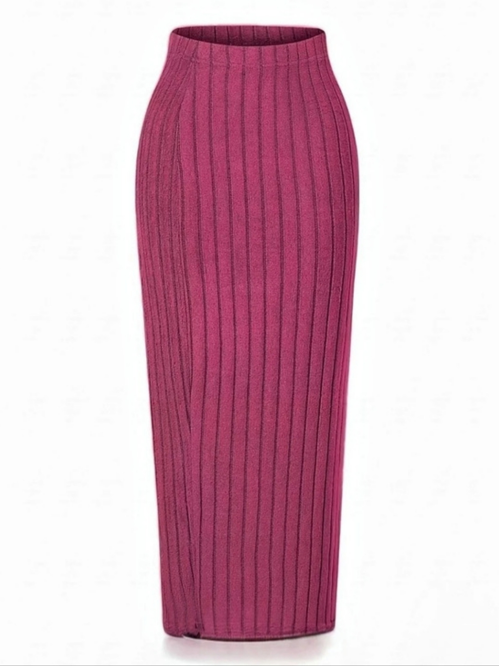 Fall Winter Warm Ribbed Knit Pink Rose Red Midi Pencil Skirt Slim Fit New Size S